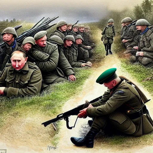 Image similar to Putin is sitting in the trenches and defending himself from Ukrainian troops, hyperrealism, photorealism, super realistic