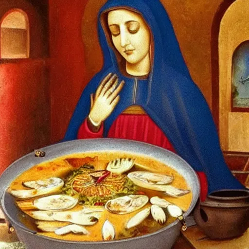 Prompt: la virgen maria haciendo una paella
