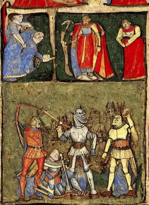 Image similar to a medieval manuscript of Shrek in armour, a illustration by Pietro Lorenzetti, trending on pinterest, romanesque, academic art, detailed painting, storybook illustration