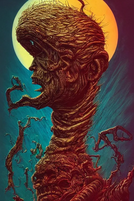 Image similar to donald trump as a disgusting monster consuming the world, horror, high details, intricate details, by vincent di fate, artgerm julie bell beeple, 90s, inking, vintage 90s print, screen print