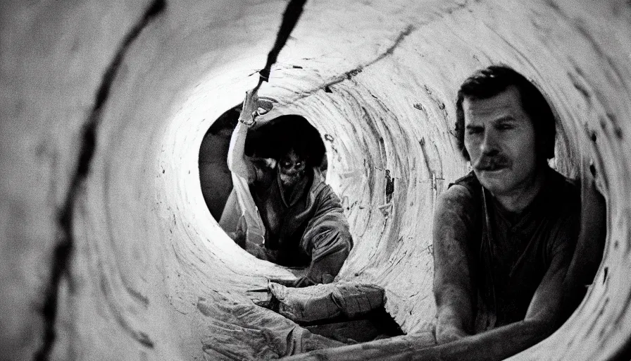 Image similar to 1 9 7 0 s movie still of a man in a barque in a tiny tunnel of lung, leica sl 2