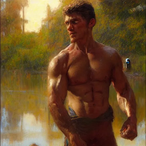 Image similar to man by the river, muscular, detailed face, correct face, painting by Gaston Bussiere, Craig Mullins