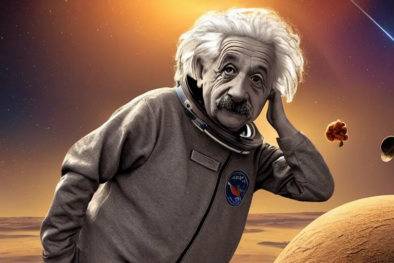 Image similar to still fullbody photo of sad albert einstein in spacesuit in space, flat earth on elephants and turtle at background, highly detailed, photorealistic shot, bright studio setting, studio lighting, crisp quality and light reflections, unreal engine 5 quality render