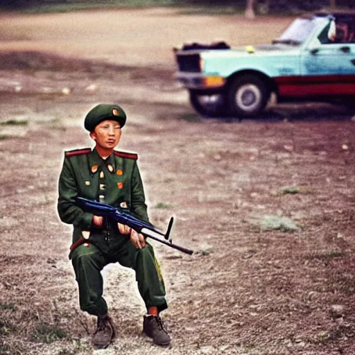 Image similar to A film photography from the 90's of a North Korean resistance rebel soldier photo by Slim Aarons, award winning, good composition, catolog