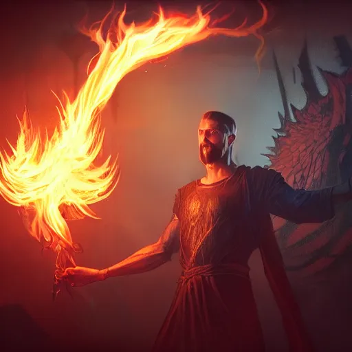 Image similar to A fantasy comic book style portrait painting ofJesus spell casting flames in a atmospheric dark fortress, unreal 5, magician, DAZ, hyperrealistic, octane render, RPG portrait, ambient light, dynamic lighting