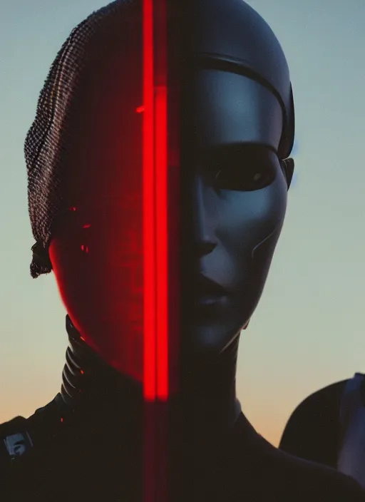 Image similar to cinestill 5 0 d photographic portrait of two loving female androids wearing rugged black techwear on a desolate plain with a red sky, showing some skin, extreme closeup, modern cyberpunk, dust storm, 8 k, hd, high resolution, 3 5 mm, f / 3 2, ultra realistic faces, ex machina, blade runner