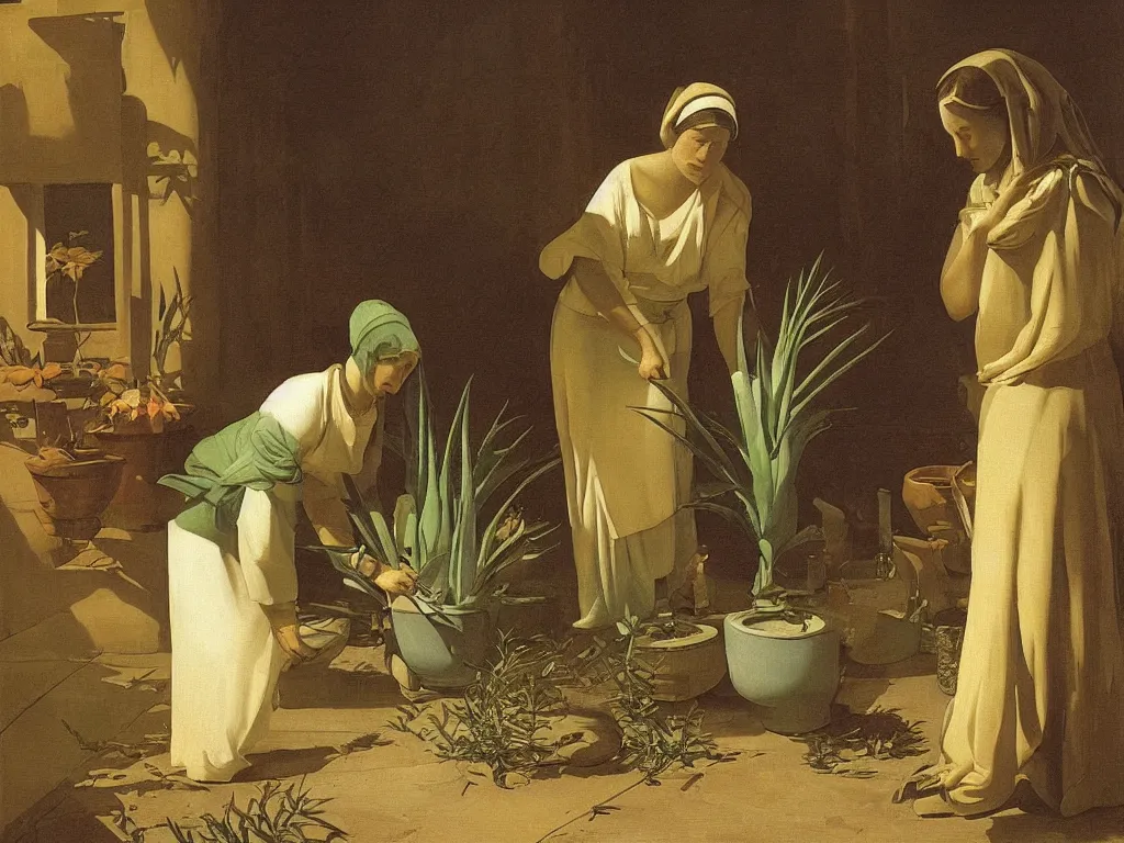 Prompt: Woman planting a large Aloe Vera in a pot. Candle light. Painting by Georges de la Tour.