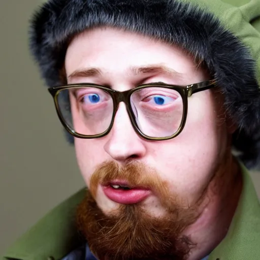 Image similar to professional head shot of sam hyde wearing a soviet military ushanka, very detailed, very intricate, detailed face,