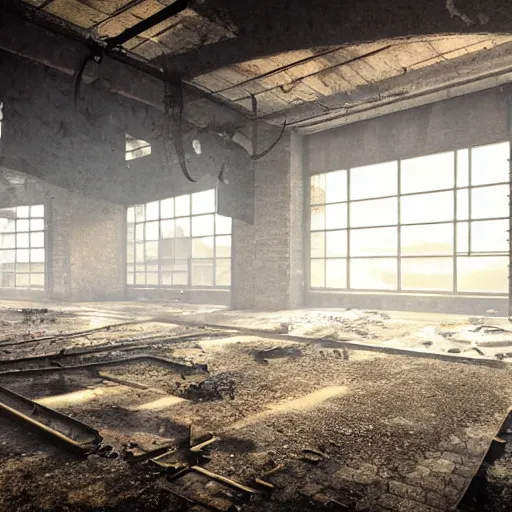 Prompt: abandoned industrial factory interior, tyndall effect, digital art, trending on artstation