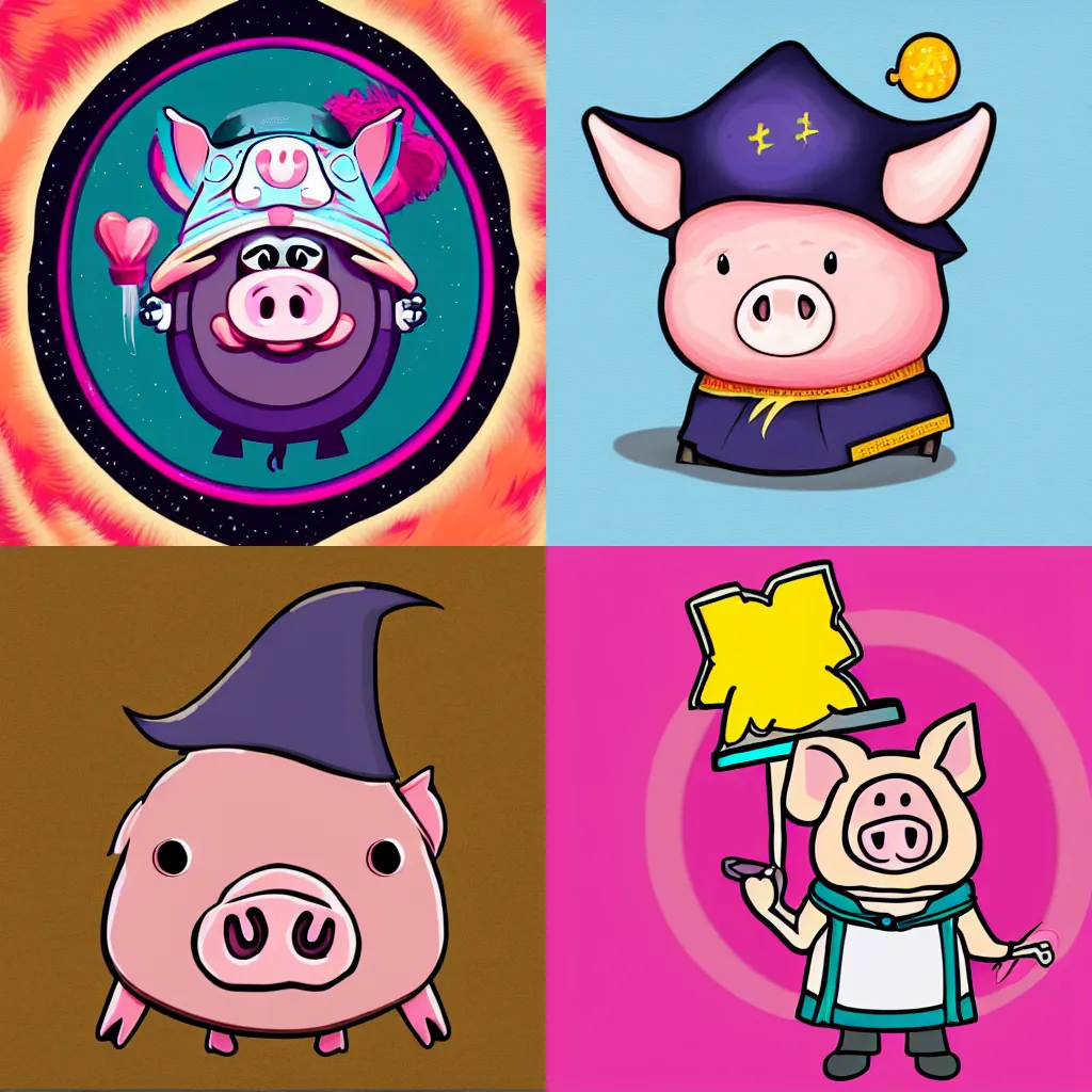 Prompt: cute pig wizard, digital art on white background