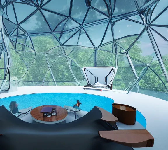 Prompt: A pool and a ping pong table inside a futuristic lounge in a glass dome, designed by zaha hadid, octane render, ray tracing, 8k resolution, sharp