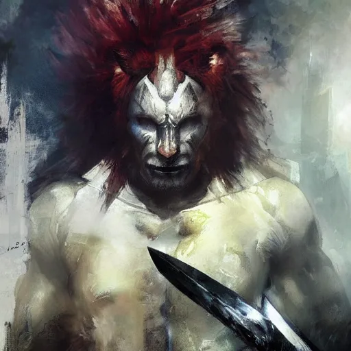 Prompt: lion - o using his sword of omens, jeremy mann painting