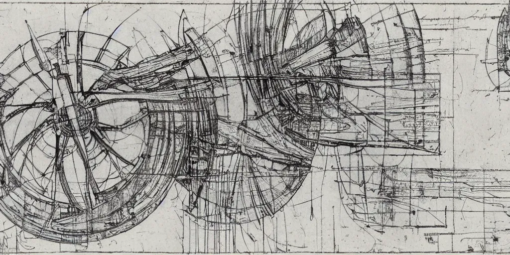 Image similar to leonardo da vinci color intricate full page scan blueprint of an environmental turbine machine, on paper, black ball pen style, :: ultra-detailed technical precision :: mixed media with white and silver lines, realistic composition, point of interest at golden ratio, light from right, more darkness on the bottom, monumentally art composition, high quality of sketching with subtle hairlines, highly detailed rounded forms, inside out and outside in, octane render