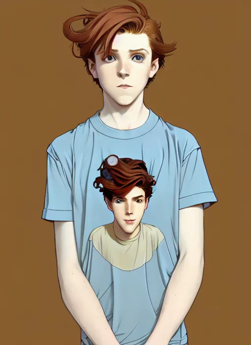 Image similar to art nouveau portrait of a teen boy with completely straight auburn hair, light blue eyes, pale skin, freckles, sad expression, t - shirt, modern casual clothing, natural lighting, path traced, highly detailed, high quality, cartoon, digital painting, by don bluth and ross tran and studio ghibli and alphonse mucha