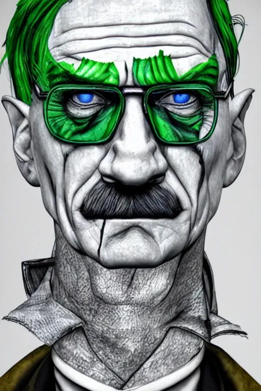 Image similar to walter white as the joker, green hair, photorealistic, highly detailed,