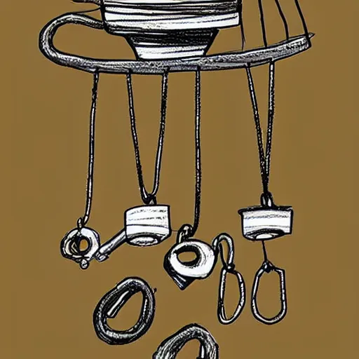 Prompt: This is a sketch of a wind chime made from the pieces of a broken mug. It shows the mug handle as the top piece with strings attached to it, and the bottom pieces of the mug hanging down like little bells, sketch, illustration, artstation