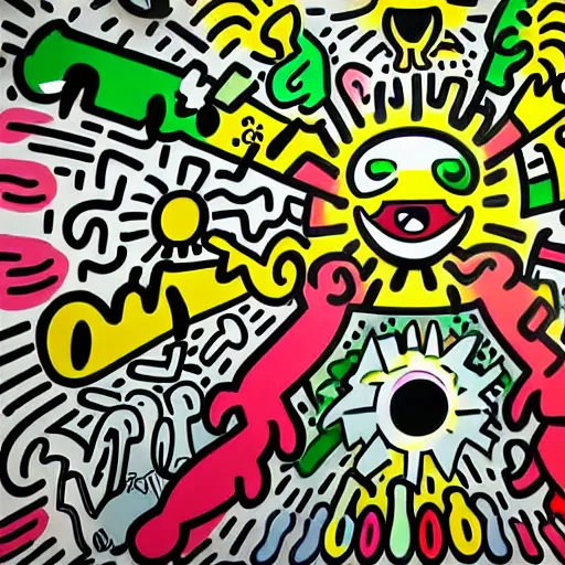 Image similar to collective culture of a metropolis in the style of takashi murakami by keith haring, empty green canvas, pop culture, colorful