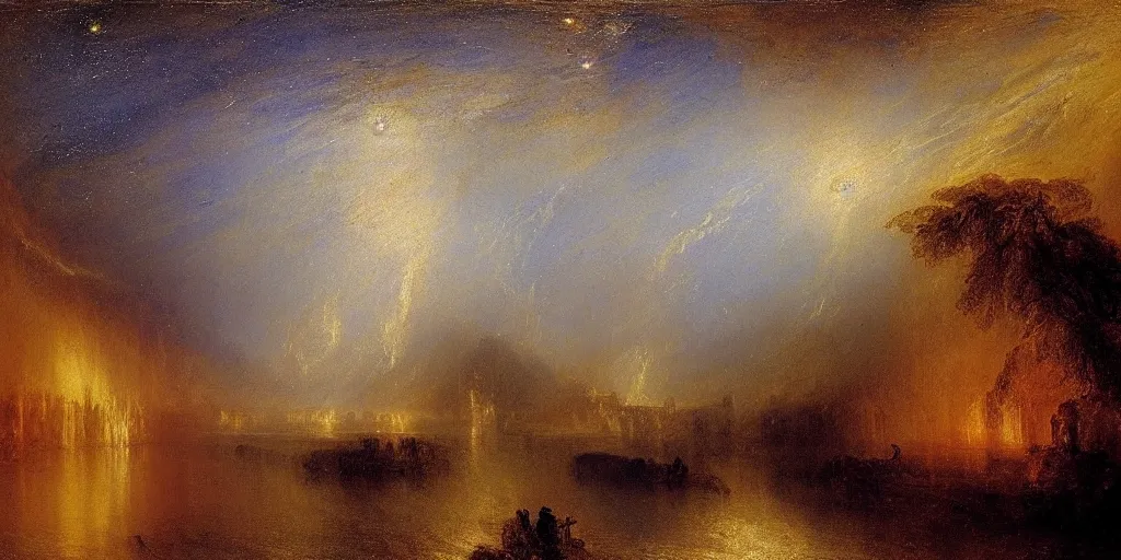 Prompt: stunning river landscape with sky full of galaxies by j. m. w turner