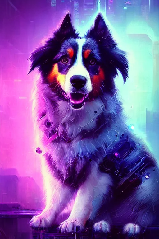 Prompt: a beautiful portrait of a cute cyberpunk australian shepard by greg rutkowski and wlop and sandra chevrier, purple blue color scheme, high key lighting, volumetric light, digital art, highly detailed, fine detail, intricate, ornate, complex, octane render, unreal engine, photorealistic