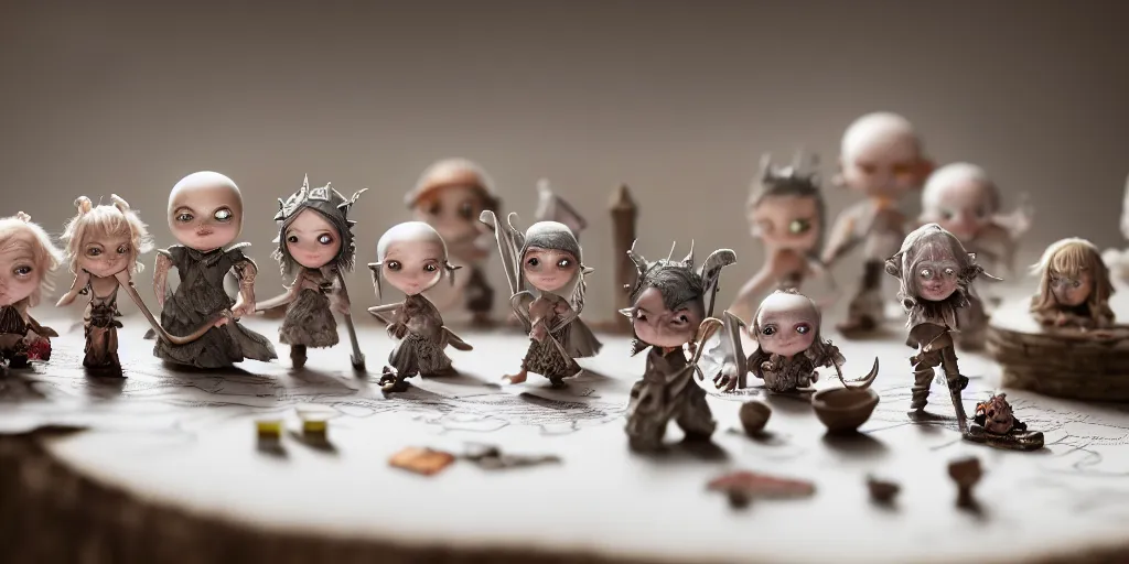 Image similar to closeup portrait of tiny d & d minis on white paper table in an artist workshop, depth of field, zeiss lens, detailed, centered, fashion photoshoot, by nicoletta ceccoli, mark ryden, lostfish, breathtaking, 8 k resolution, extremely detailed, beautiful, establishing shot, artistic, hyperrealistic, octane render