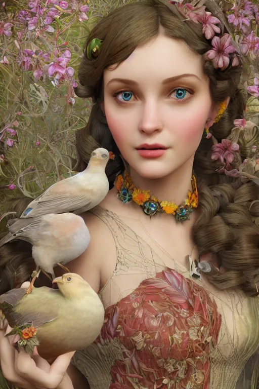Image similar to face closeup, 3 d render of english princess holding birds, ornaments, background flowers, mucha vibe, dieselpunk, solarpunk, artstation