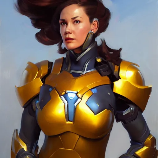 Image similar to greg manchess portrait painting of a female ironman as overwatch character, medium shot, asymmetrical, profile picture, organic painting, sunny day, matte painting, bold shapes, hard edges, street art, trending on artstation, by huang guangjian, gil elvgren, ruan jia, greg rutkowski, gaston bussiere