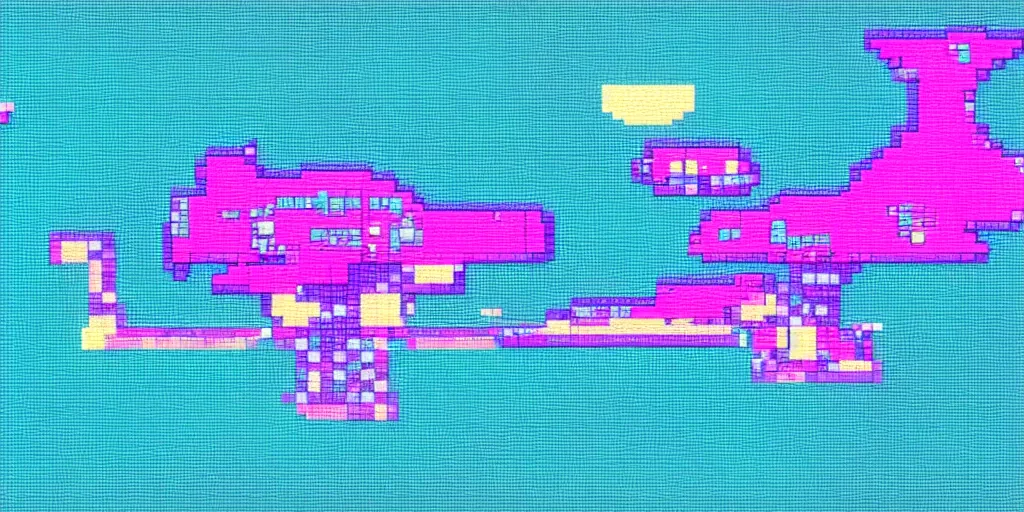 Image similar to cyan blue and pink spaceship in a galaxy, pixelart style