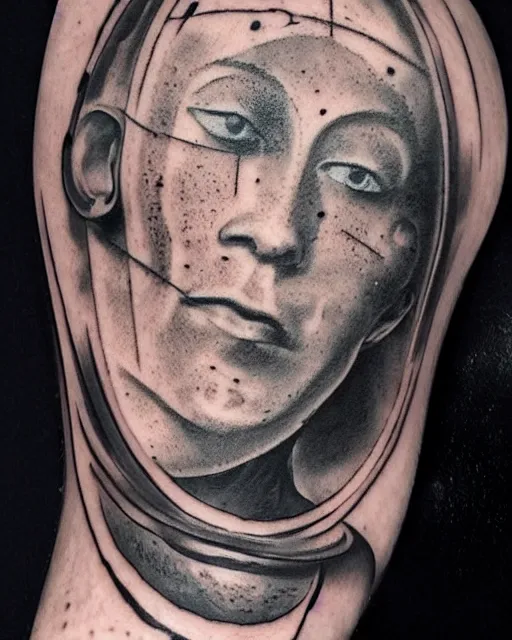 Image similar to planets on the top of a broken renaissance head statue, realism tattoo design, hyper - realistic, in the style of tony santos