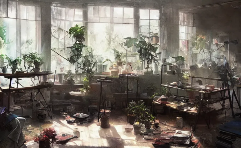 Image similar to a stylish artist studio interior, messy, many plants, drafting table, easel, painting by Craig Mullins, octane rendering, soft morning lighting, wide angle lens, low view, in the style of Hayao Miyazaki, trending on artstation,