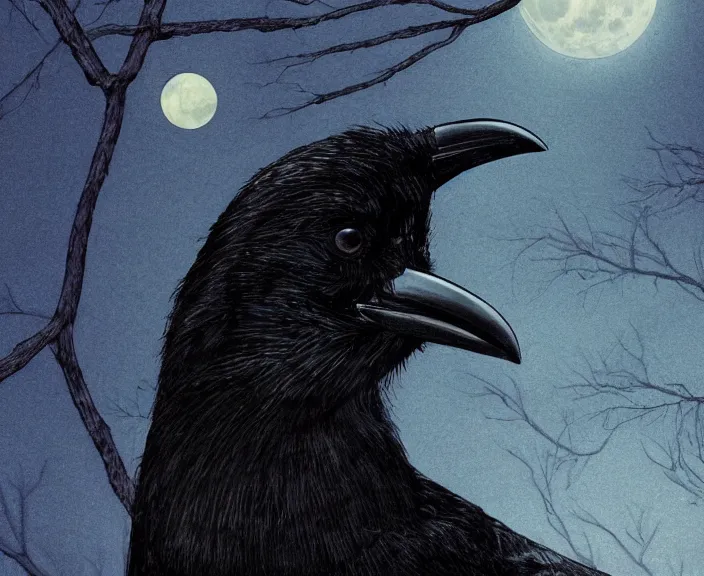 Image similar to a hyper-detailed movie poster, , close-up portrait of a crow flying above a tree in front of the full big moon; an extraordinary masterpiece!!!; flawless; proud posture; photorealistic eyes; trending on artstation; f/1.4; 90mm