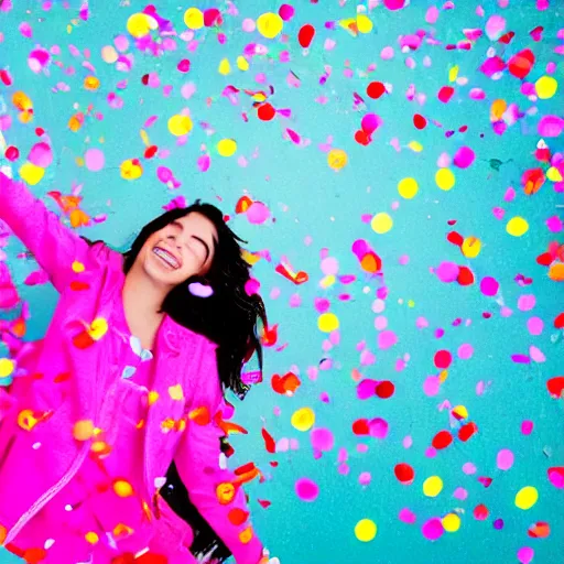 Prompt: girl exploding into a cloud of confetti, festive, neon, bright colors, daytime