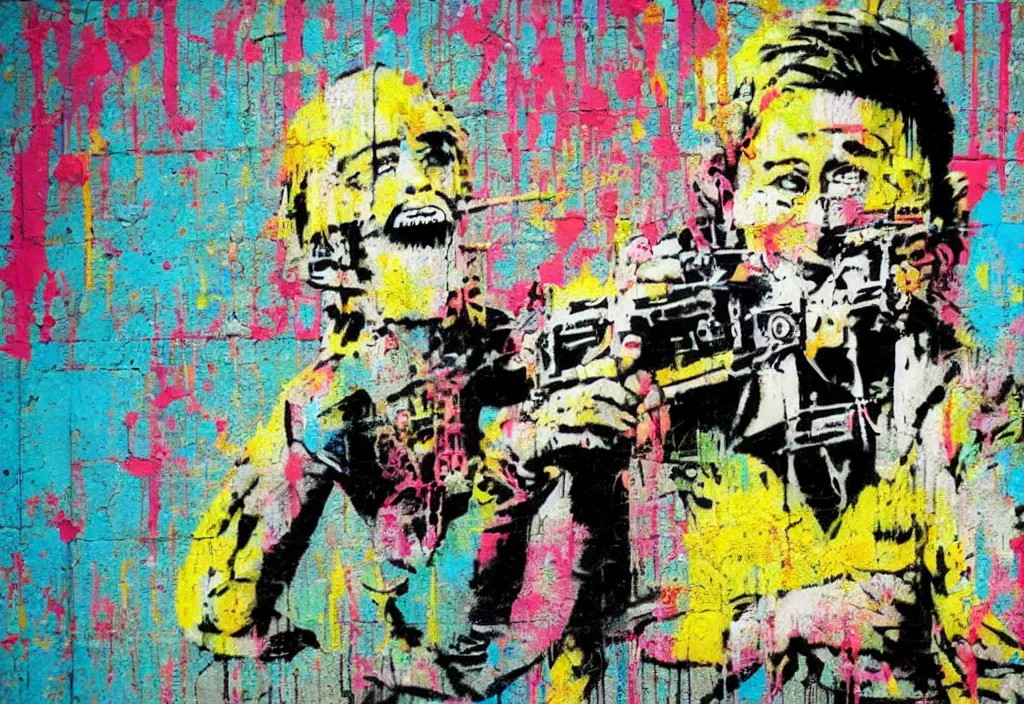 Image similar to full color banksy graffiti anti art, rage against the status quo, detailed, realistic, glitch art effect