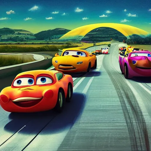 Image similar to A beautiful art installation. We are racers on an endless highway, driving at each other at high speeds, deciding whether or not to turn away at the last minute. Pixar's 'Up' by Andrea Kowch composed, balmy