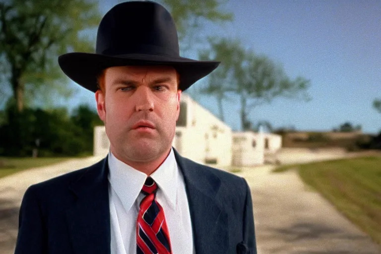 Image similar to cinematic still of portly clean-shaven white man wearing suit and necktie and boater hat as car salesman in 1994 film, XF IQ4, f/1.4, ISO 200, 1/160s, 8K, RAW, dramatic lighting, symmetrical balance, in-frame