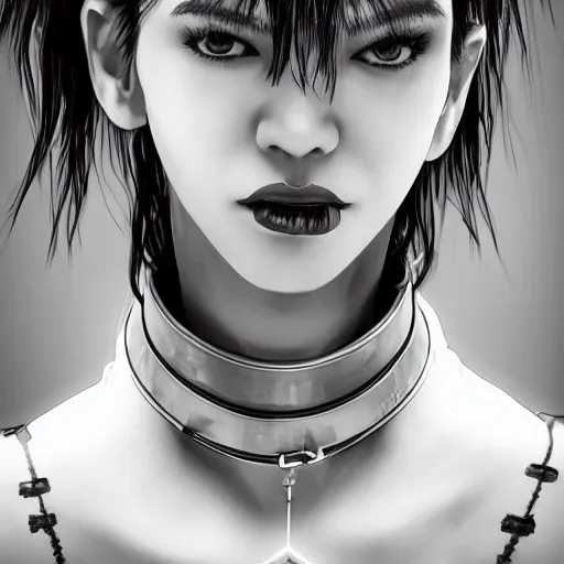 Image similar to detailed realistic female character cyberpunk wearing thick steel collar around neck, realistic, art, beautiful, 4K, collar, choker, collar around neck, punk, artstation, detailed, female, woman, choker, cyberpunk, neon, punk, collar, choker, collar around neck, thick collar, choker around neck, wearing choker, wearing collar,