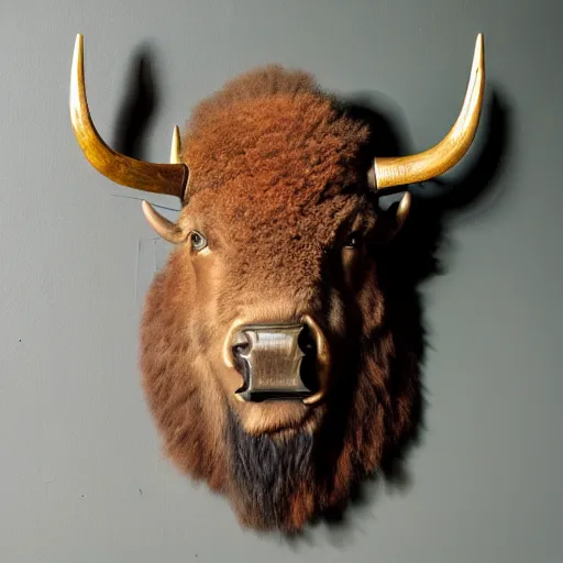 Prompt: hunting trophy bison head nailed to the wall