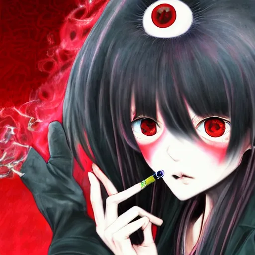 Image similar to red-eyed beautiful shoggoth anime girl smoking a cigarette deviantart by amano yoshitaka hyperreality hd detailed