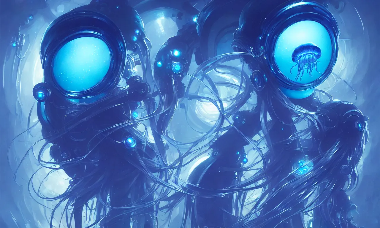 Image similar to Small cyberpunk jellyfish, blue tones, underwater, 360, highly detailed, digital painting, artstation, concept art, smooth, sharp focus, illustration, art by artgerm and greg rutkowski and alphonse mucha