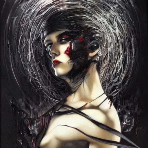 Image similar to beautiful goth girl, tension, graphic novel, charcoal art, angry, by karol bak