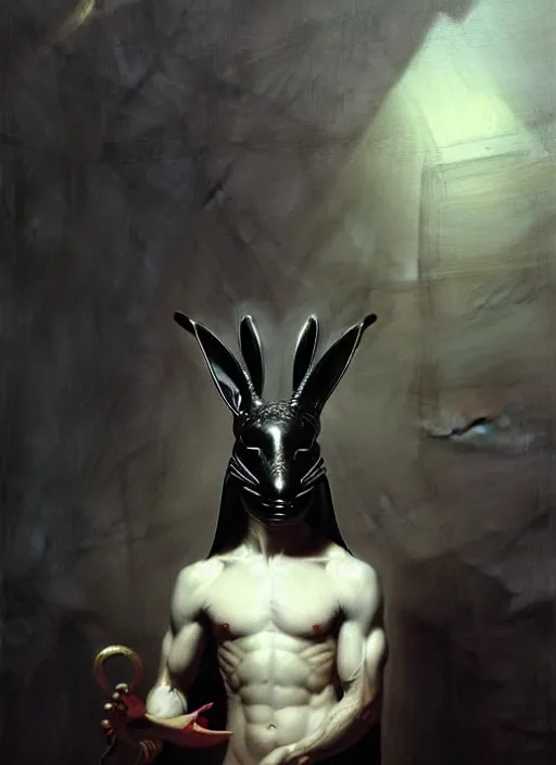 Prompt: neoclassical portrait of a prince in his black rabbit mask in his temple, by jacques - louis david, by greg rutkowski, by zdzisław beksinski, by josep tapiro baro, trending on artstation, featured on pixiv, masterpiece, oil on canvas, cinematic composition, dynamic beautiful lighting,