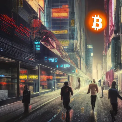 Image similar to people running away scared from bitcoin, cyberpunk art, ultrarealistic, 8k