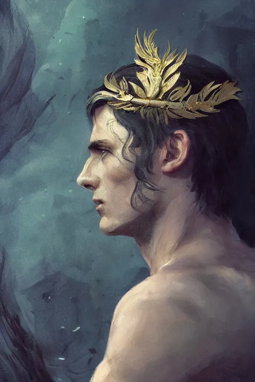 Image similar to a masculine elegant man from sideview and wearing golden laurel wreath, ethereal horror fantasy art by greg rutkowski and magali villanueve and monet con