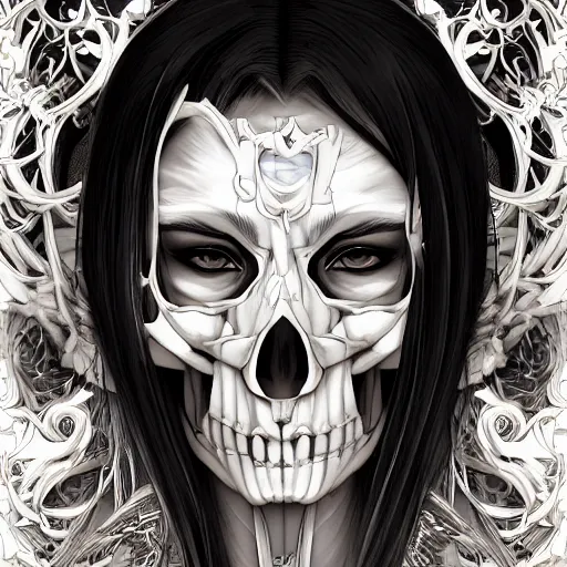 Image similar to anime manga skull profile young woman skeleton, angel, unreal engine, intricate, elegant, highly detailed, digital art, art by JC Leyendecker and sachin teng