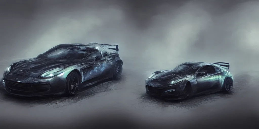 Image similar to full view of a sport car, surrounded in a detailed smoke, busy wet street at night, painted in dark color holographic pearlescent, elegant, digital painting, concept art, smooth, sharp focus, art style from Wang Ke and Greg Rutkowski and Bruce Kaiser and Scott Robertson and Dmitry Mazurkevich and Doruk Erdem and Jon Sibal, small style cue from Mad Max