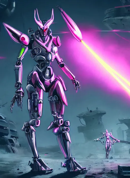 Image similar to epic cinematic shot of singular stunning beautiful hot anthropomorphic mecha female dragon fighting in the nuclear war with laser rifle, has silver armor and fuchsia skin, skeletons on the ground, bleak atmosphere, warframe fanart, terminator art, epic scale, furaffinity, deviantart, octane