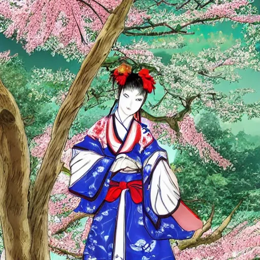 Prompt: a kitsune shrine maiden leaning against a sakura tree, highly detailed D&D character illustration