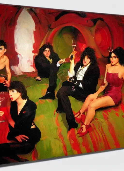 Image similar to glam rockers drinking brutal and raw wine, inside a green cave with red lights by joaquin sorolla, phil hale, extremely detailed