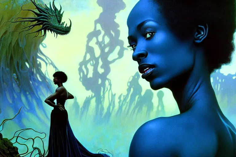 Image similar to realistic detailed photorealistic film portrait shot of a beautiful black woman with a dragon, sci-fi landscape background by Denis Villeneuve, Amano, Yves Tanguy, Alphonse Mucha, Ernst Haeckel, Andrei Tarkovsky, Edward Robert Hughes, Roger Dean, rich moody colours, wide angle, blue eyes