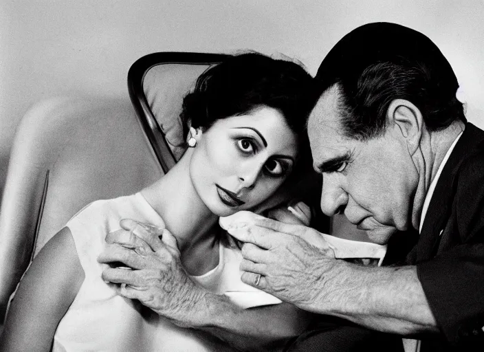 Image similar to Morena Baccarin and Richard Nixon doing Heroin, photograph by Harry Benson, 4K Studio photo