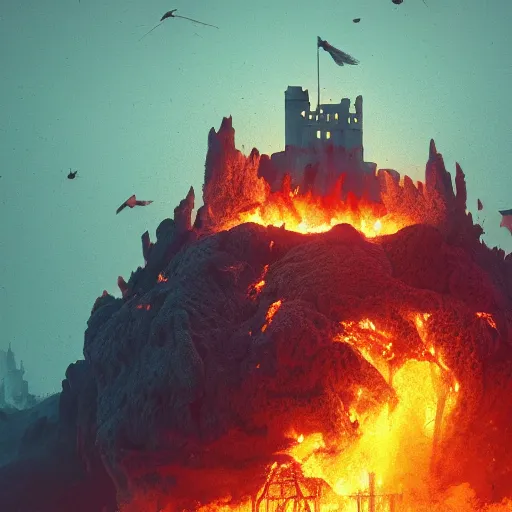 Image similar to a royal gigantic!! medieval castle on fire, on top of a hill, birds eye view from a distance, intense smoke, burning down, intense flames, center focus, landscape by simon stalenhag, rendered by beeple, by makoto shinkai, digital art